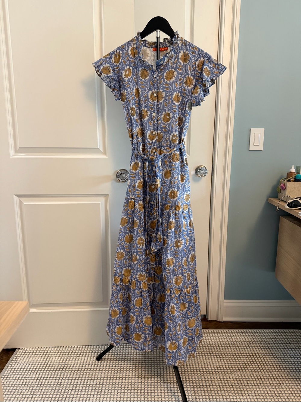 Oliphant Blue Maxi Dress with Gold Floral Print